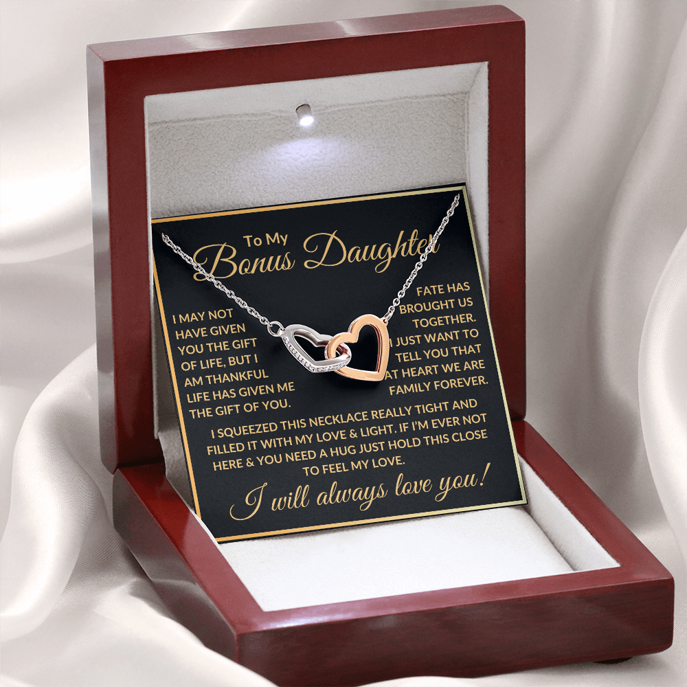 To My Bonus Daughter Necklace - "Fate Has Brought Us Together" Polished Stainless Steel & Rose Gold Finish / Luxury Box w/LED Jewelry Giftinum