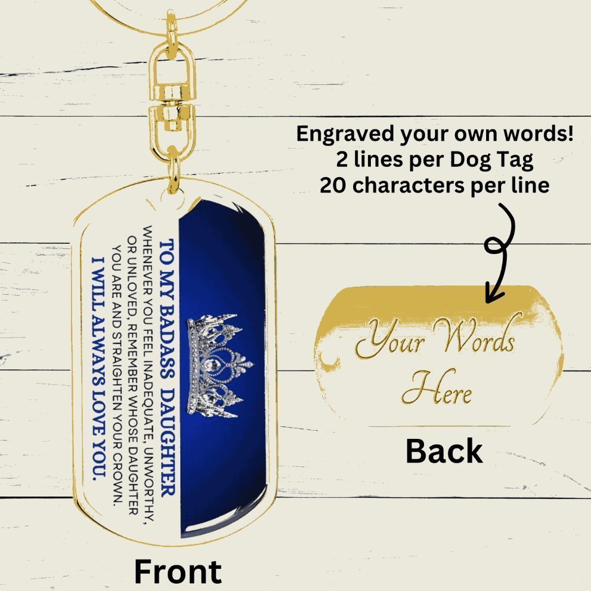 Badass Daughter Keychain - Straighten your crown Dog Tag with Swivel Keychain (Gold) / Yes Jewelry Giftinum