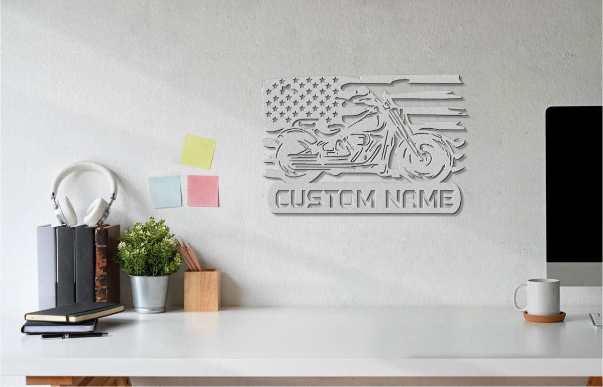 Custom Metal Biker Sign with American Flag Detail Die - Cut Sign Giftinum