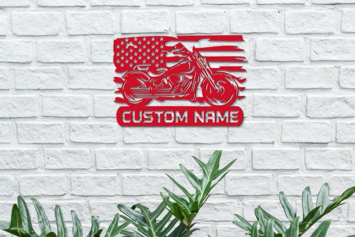 Custom Metal Biker Sign with American Flag Detail Die - Cut Sign Giftinum