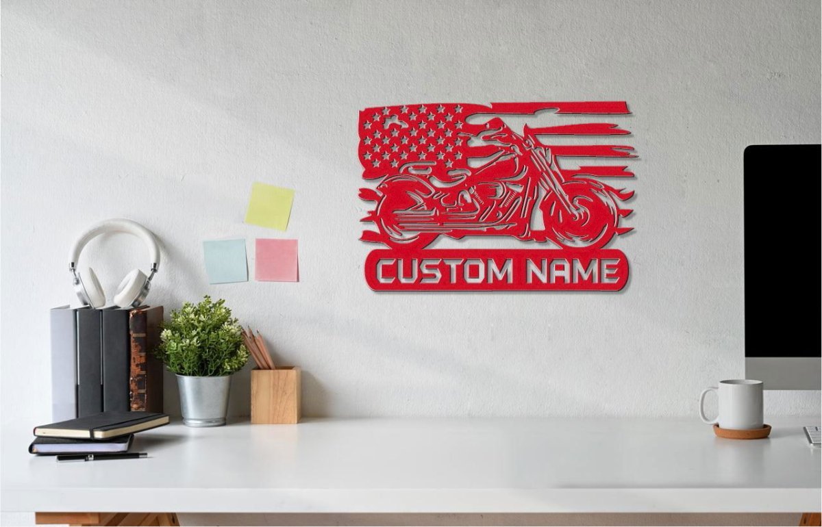 Custom Metal Biker Sign with American Flag Detail Die - Cut Sign Giftinum