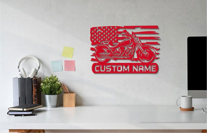 Custom Metal Biker Sign with American Flag Detail Die - Cut Sign Giftinum