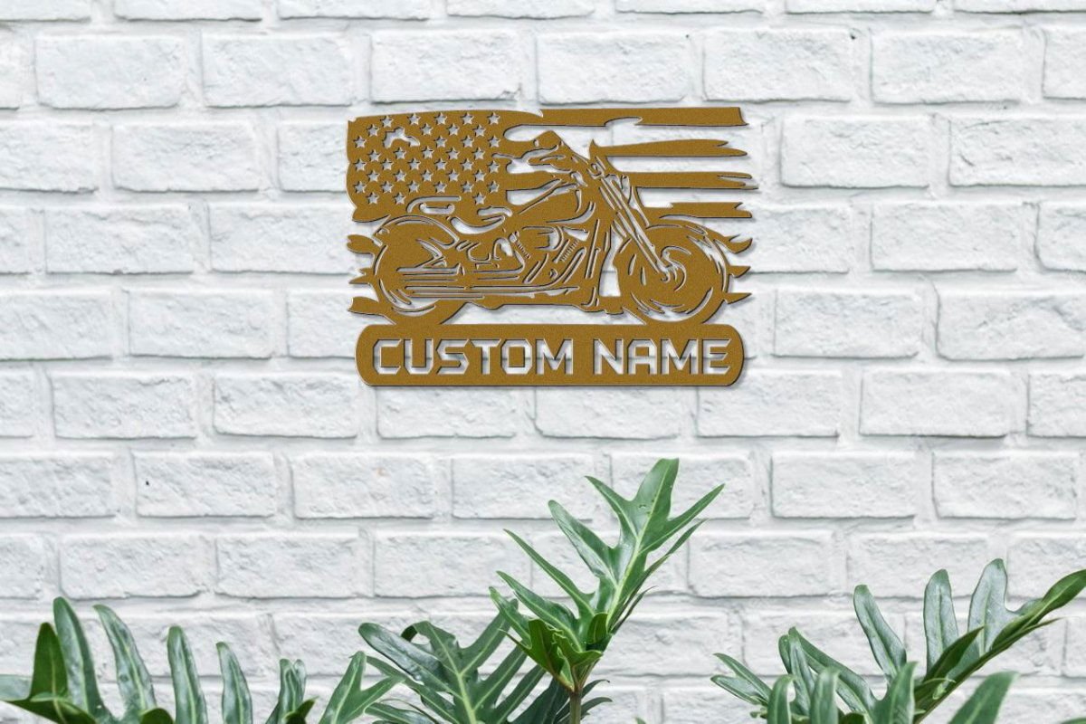 Custom Metal Biker Sign with American Flag Detail Die - Cut Sign Giftinum