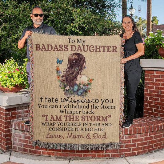 To Badass Daughter Love Mom & Dad Woven Blanket  - If Fate Whispers - Premium Jewelry - Just $79.99! Shop now at Giftinum