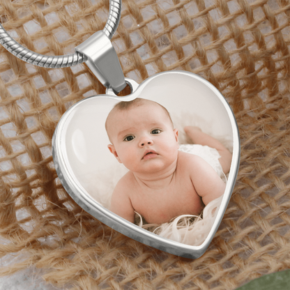 Personalized Baby Photo Necklace for Mom, Custom Engraved Heart Pendant Gift