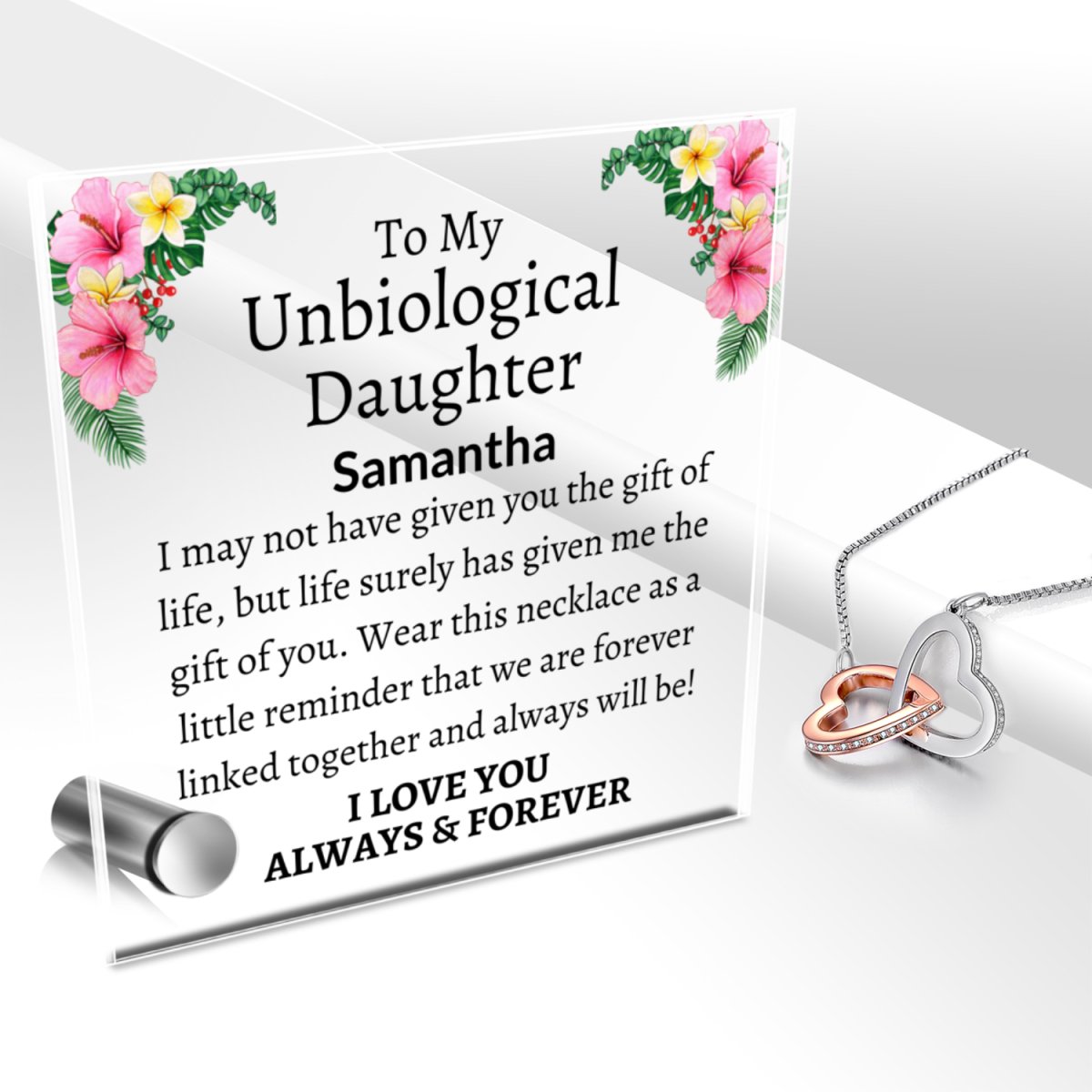 Unbiological Daughter Locked Hearts Necklace with Lumenglass Stand Jewelry Giftinum